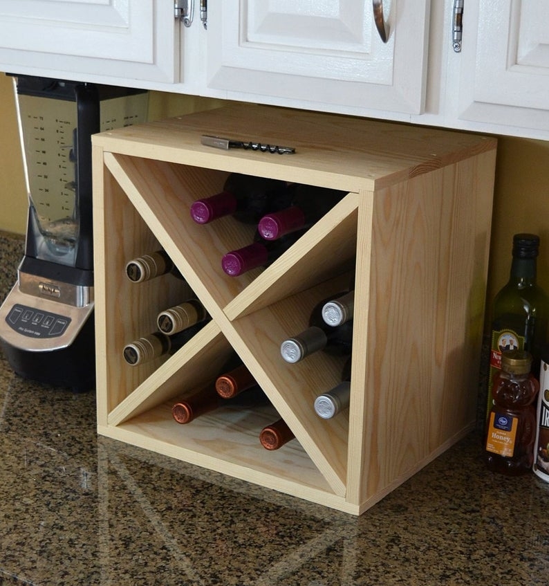 12 Bottle Wine Cube (Pine) by VinoGrotto - Exclusive 12" deep design conceals entire wine bottle beautifully. Quality pine. Hand sanded to perfection!