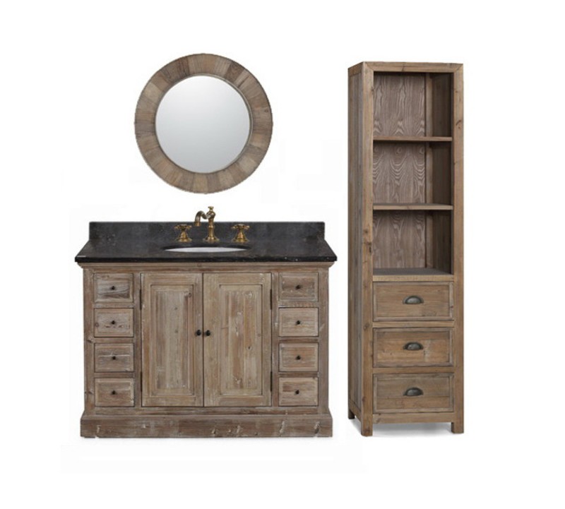 48 Inch Marble Top Single Sink Rustic Bathroom Vanity With Matching Wall Mirror And Linen Tower