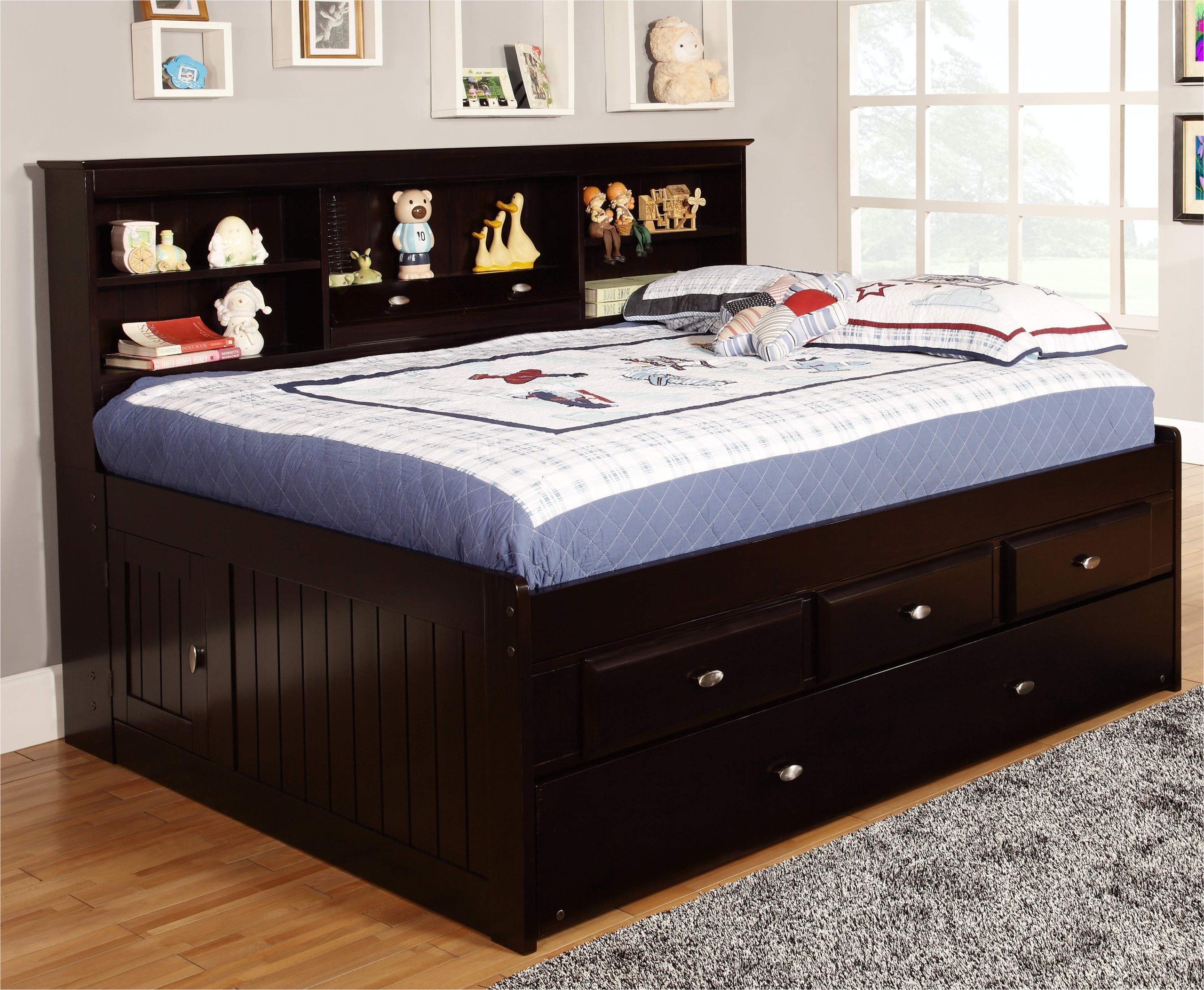 Queen size storage bed 2024 with bookcase headboard