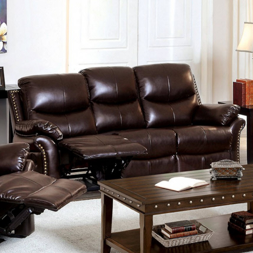 Furniture of America Norfolk Bonded Leather Sofa with Nailhead Trim - Rustic Dark Brown