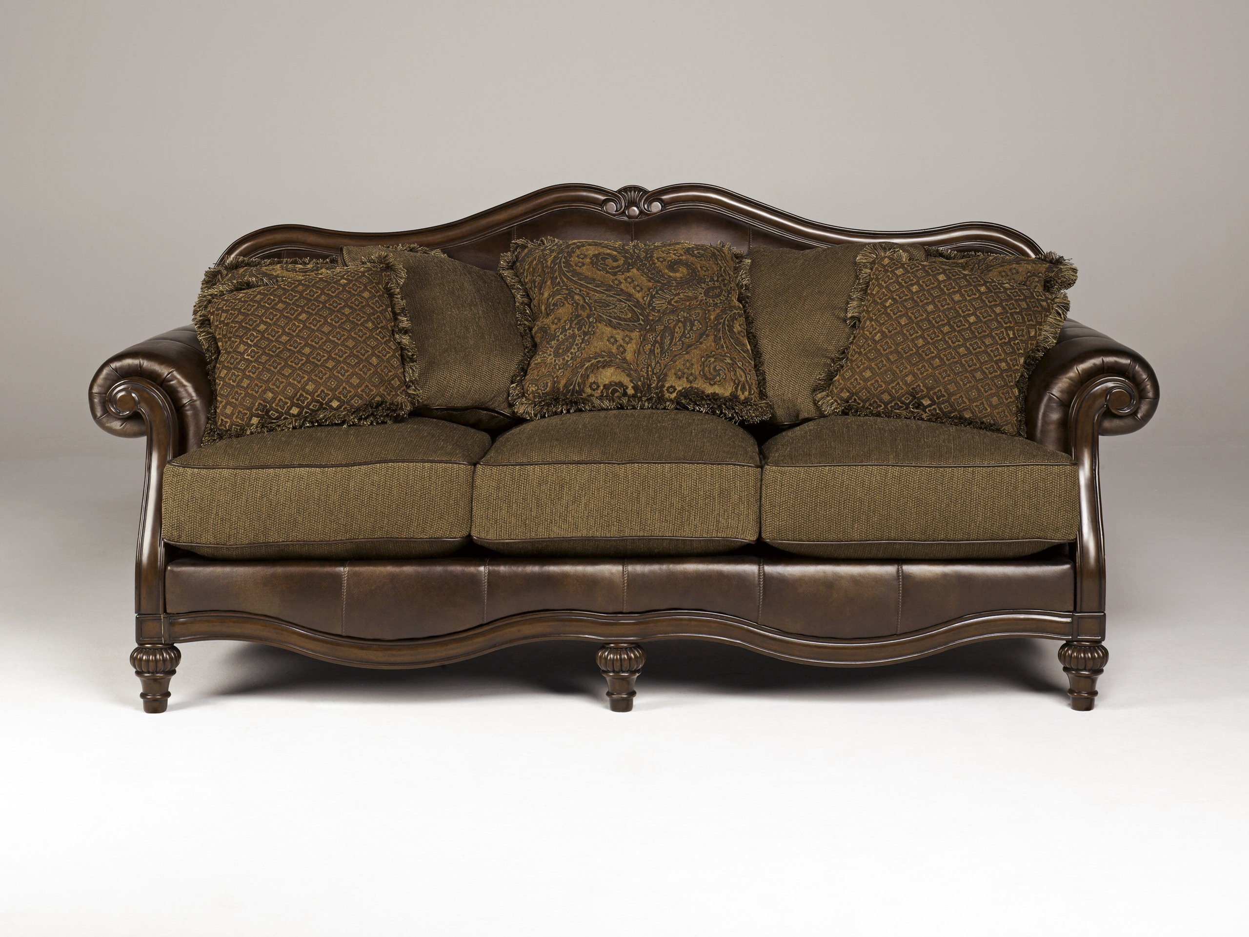 Leather sofa with wood trim
