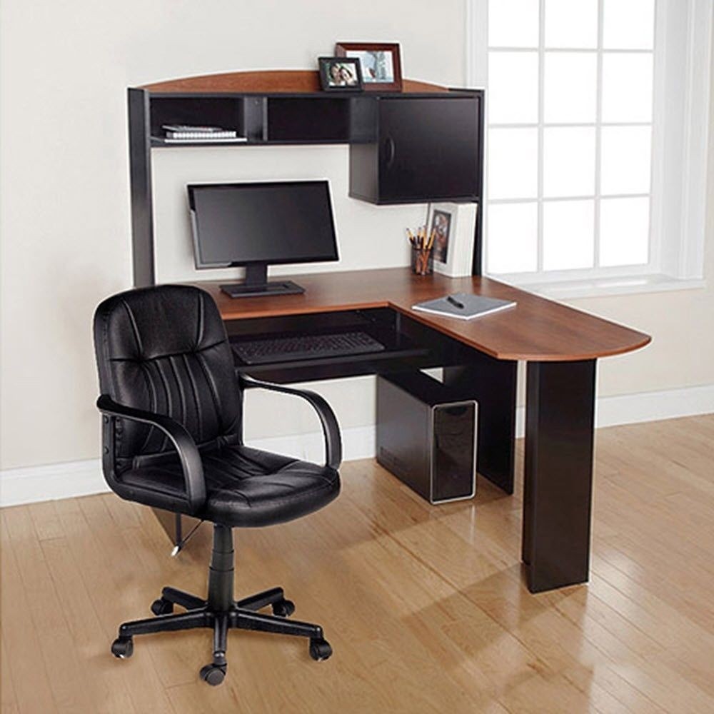 Modern L-Shaped Office Computer Workstation Organizer Corner Desk with Hutch and Leather Back Support Chair With Casters Discount Furniture Set