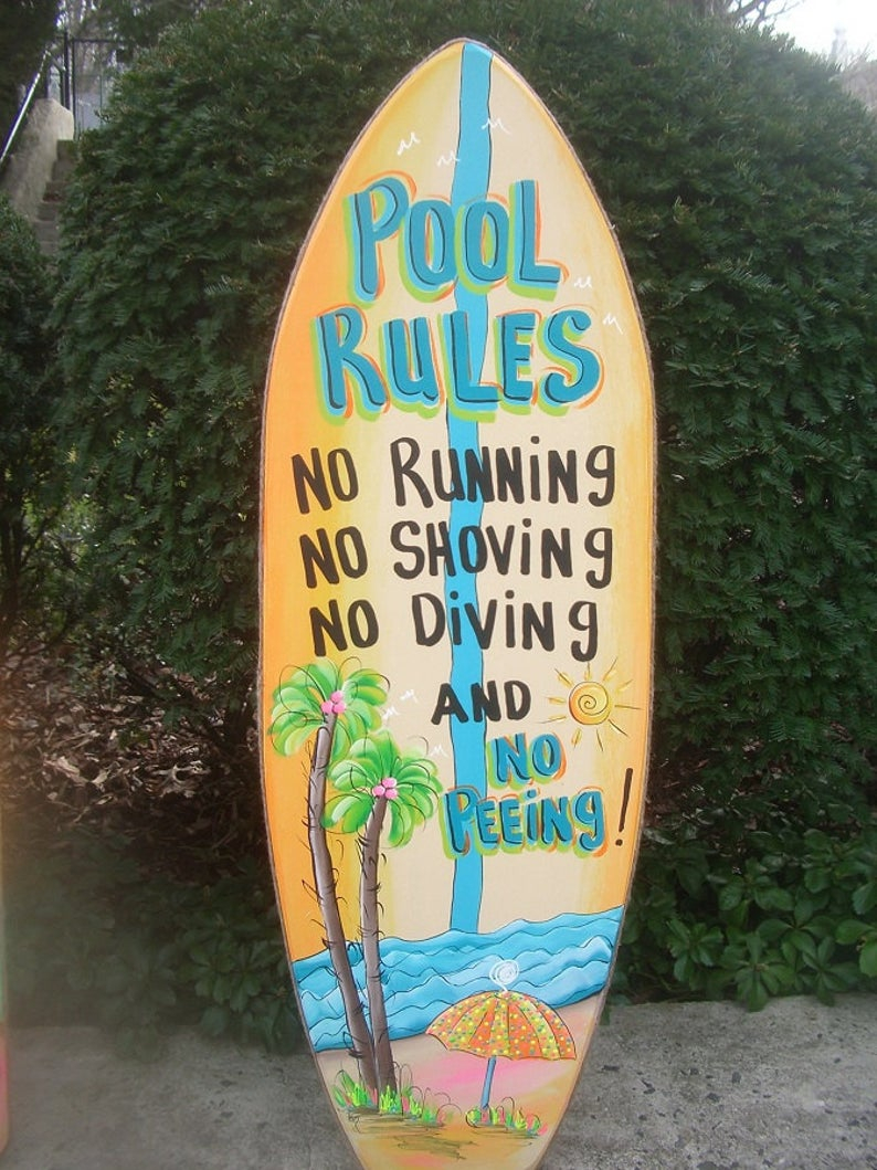 Pool Rules Tropical Surfboard Decorative Art Tiki Hut Bar Beach Plaque Sign