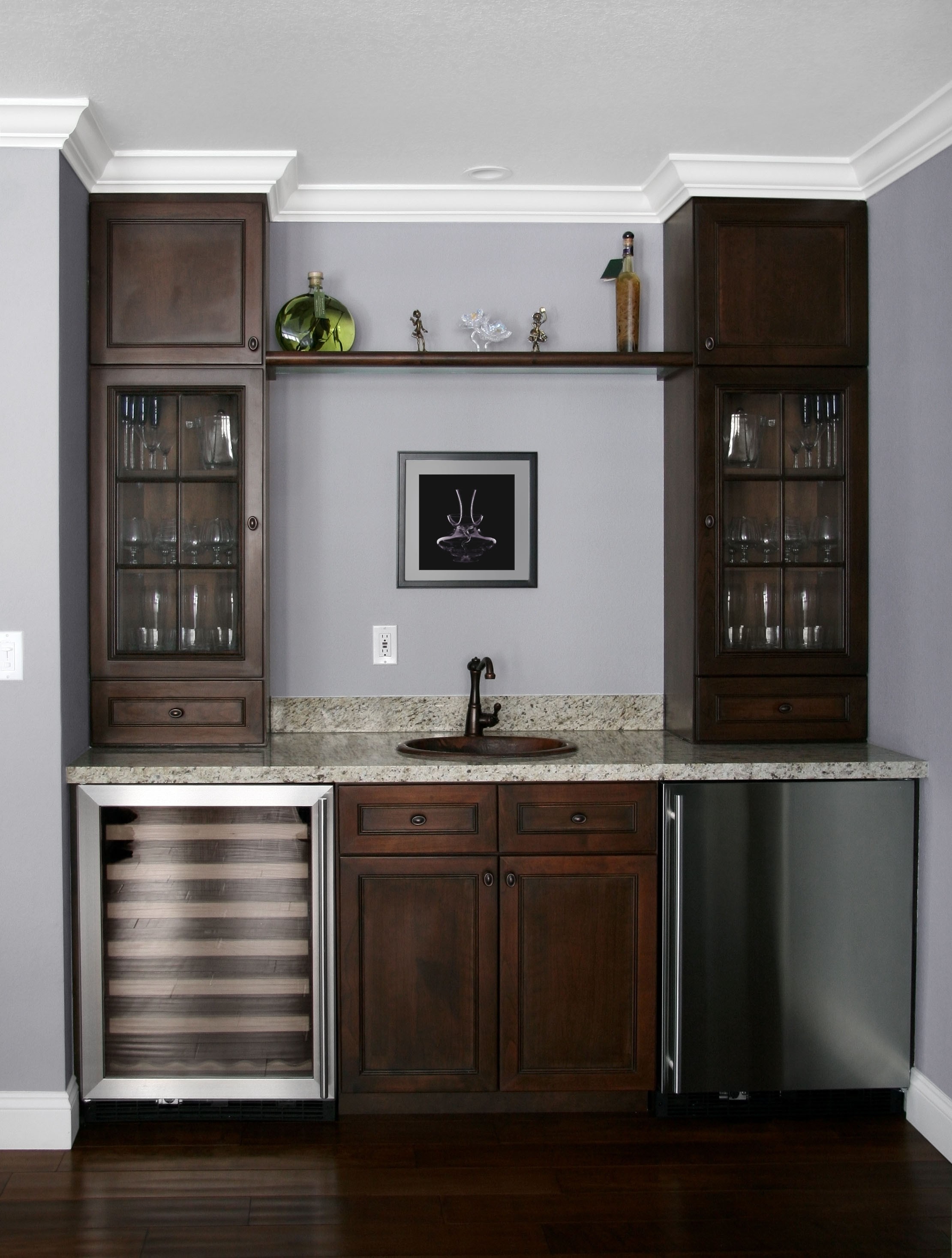 Wet bar cabinet with mini outlet fridge