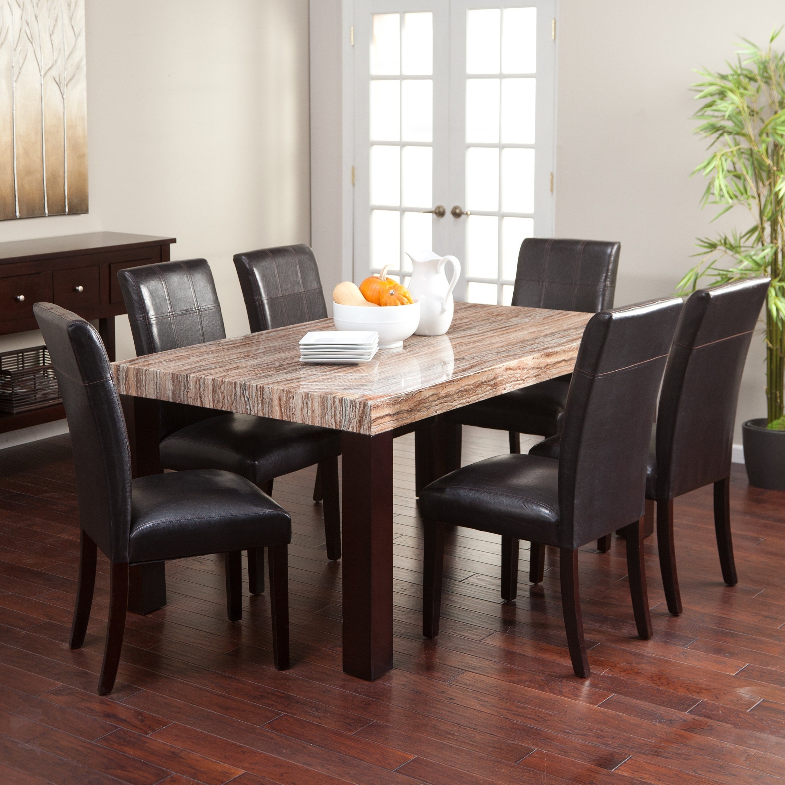 Beautiful 7 Piece Dining Room Table Set with Black Leather Chairs and Faux Marble Top Dinner Set Furniture