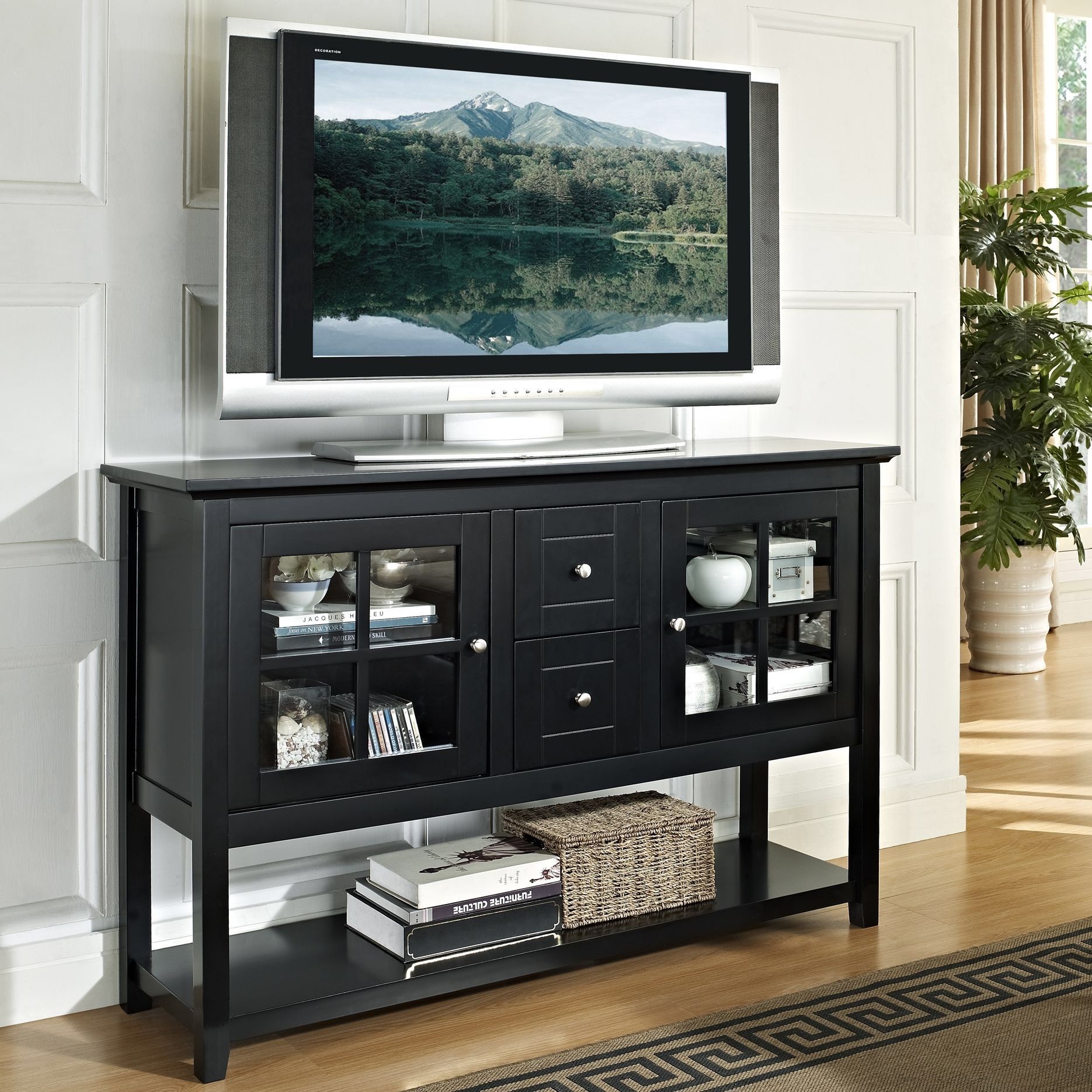 Black 52 inch wood console table tv stand