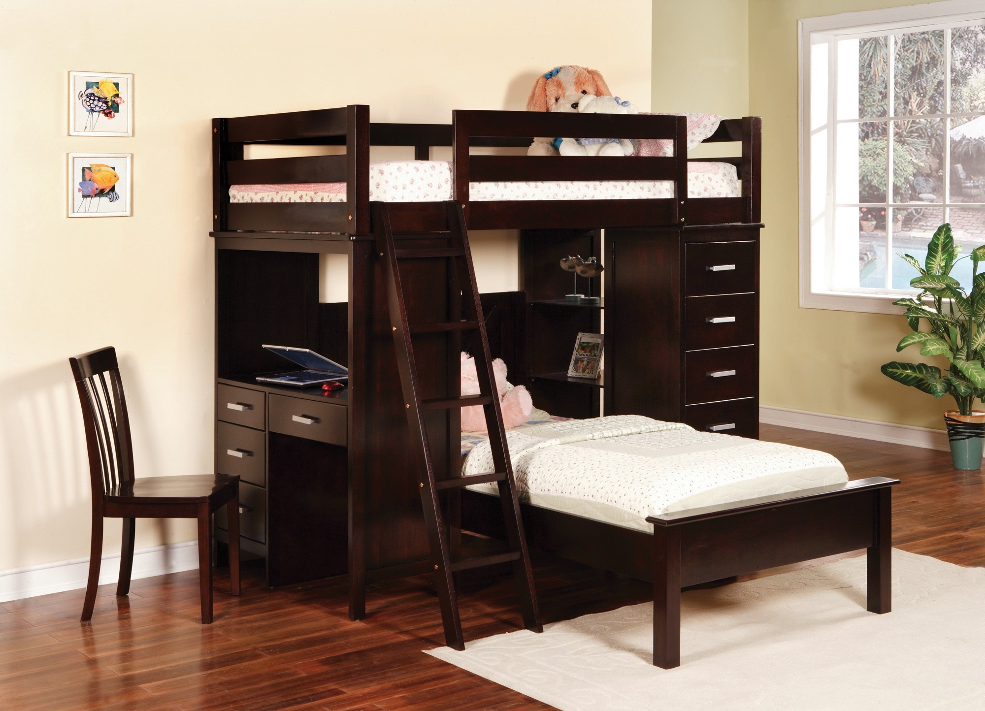 Depoe Bay Twin over Twin L-Shaped Bunk Bed with Desk and Bookshelves