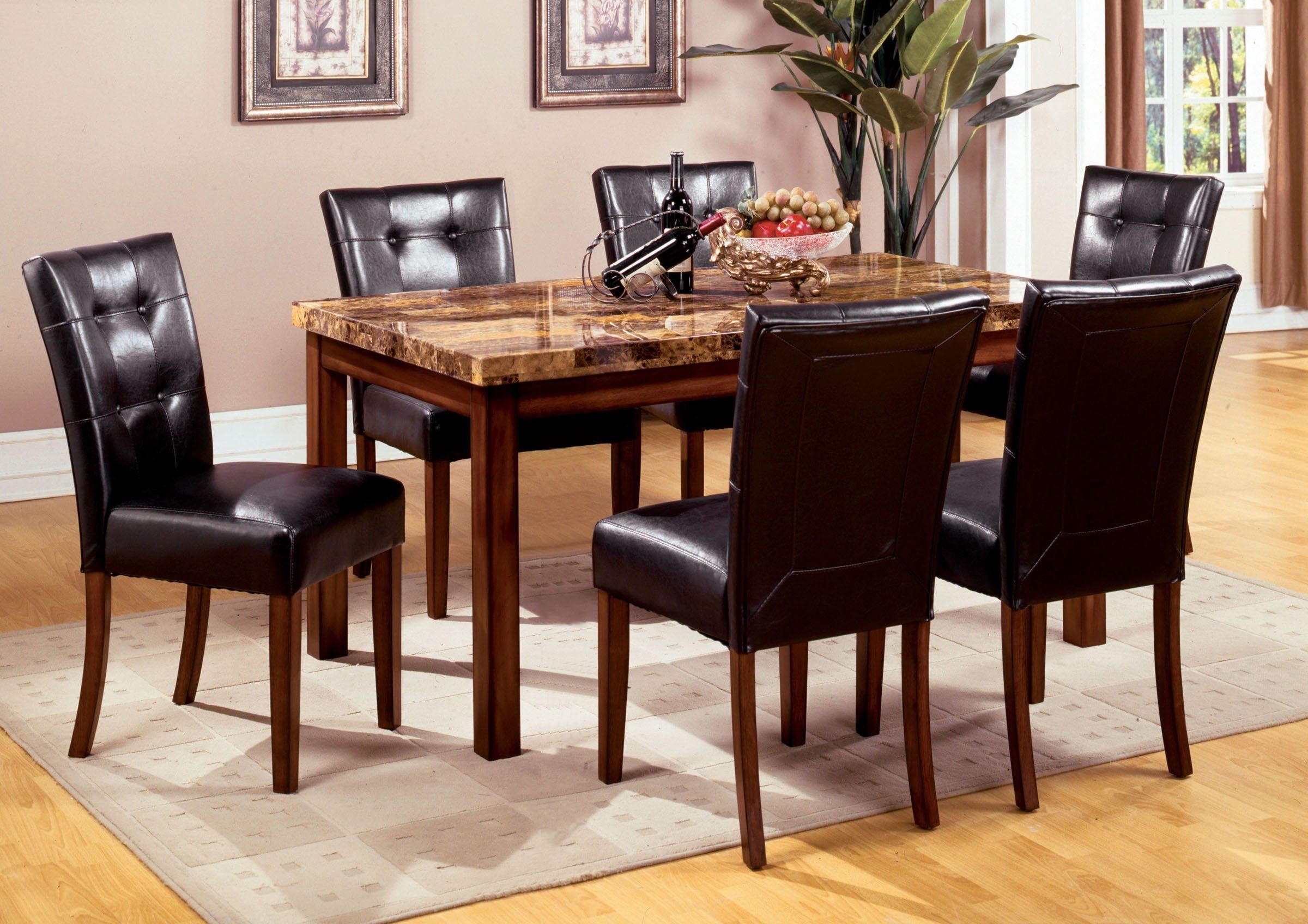 Furniture of America Carignan 7-Piece 60-Inch Dining Table Set with Faux Marble Top, Dark Oak Finish