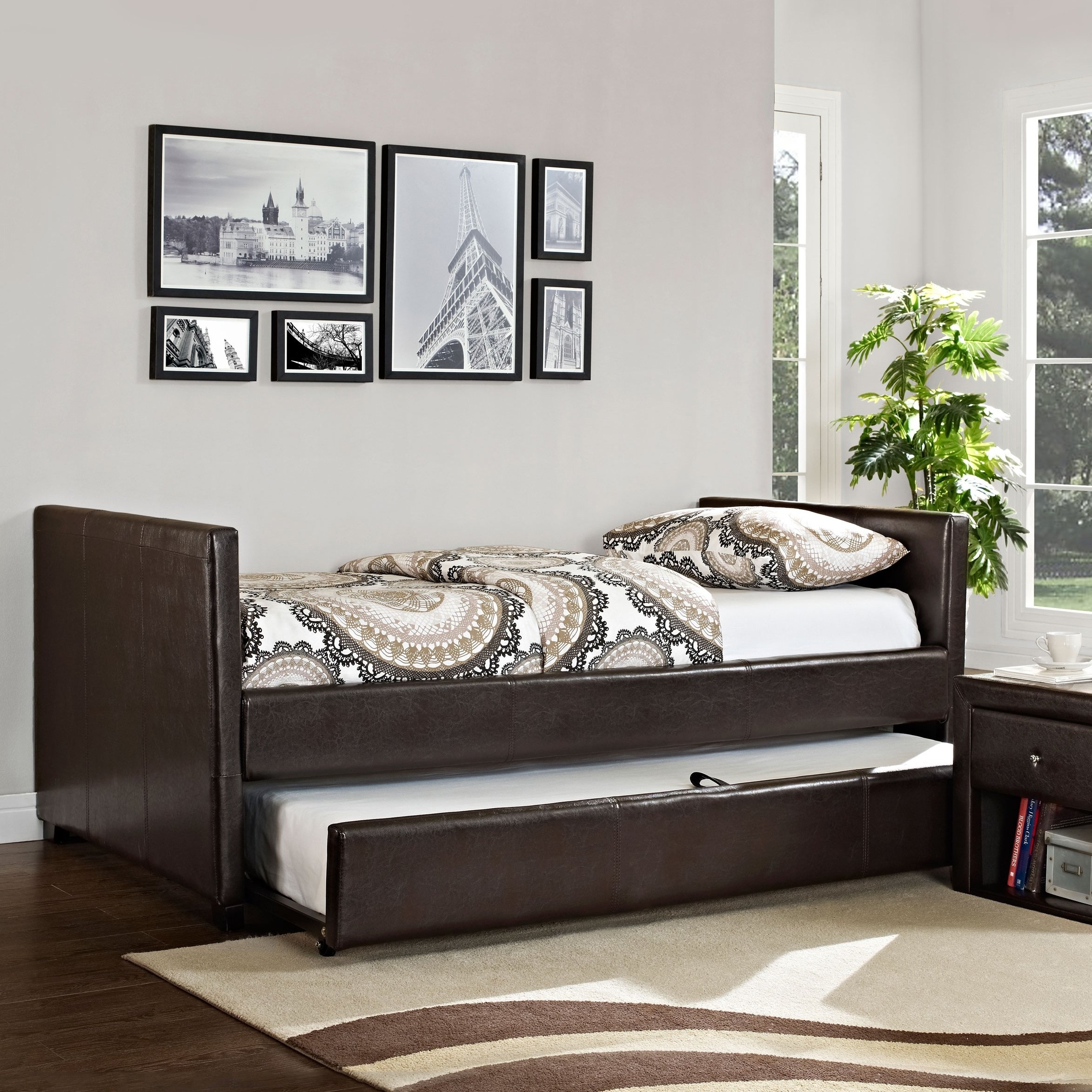 Metro faux leather brown day bed trundle