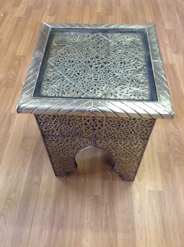 Moroccan accent table vintage silver carved arabesque design glass top