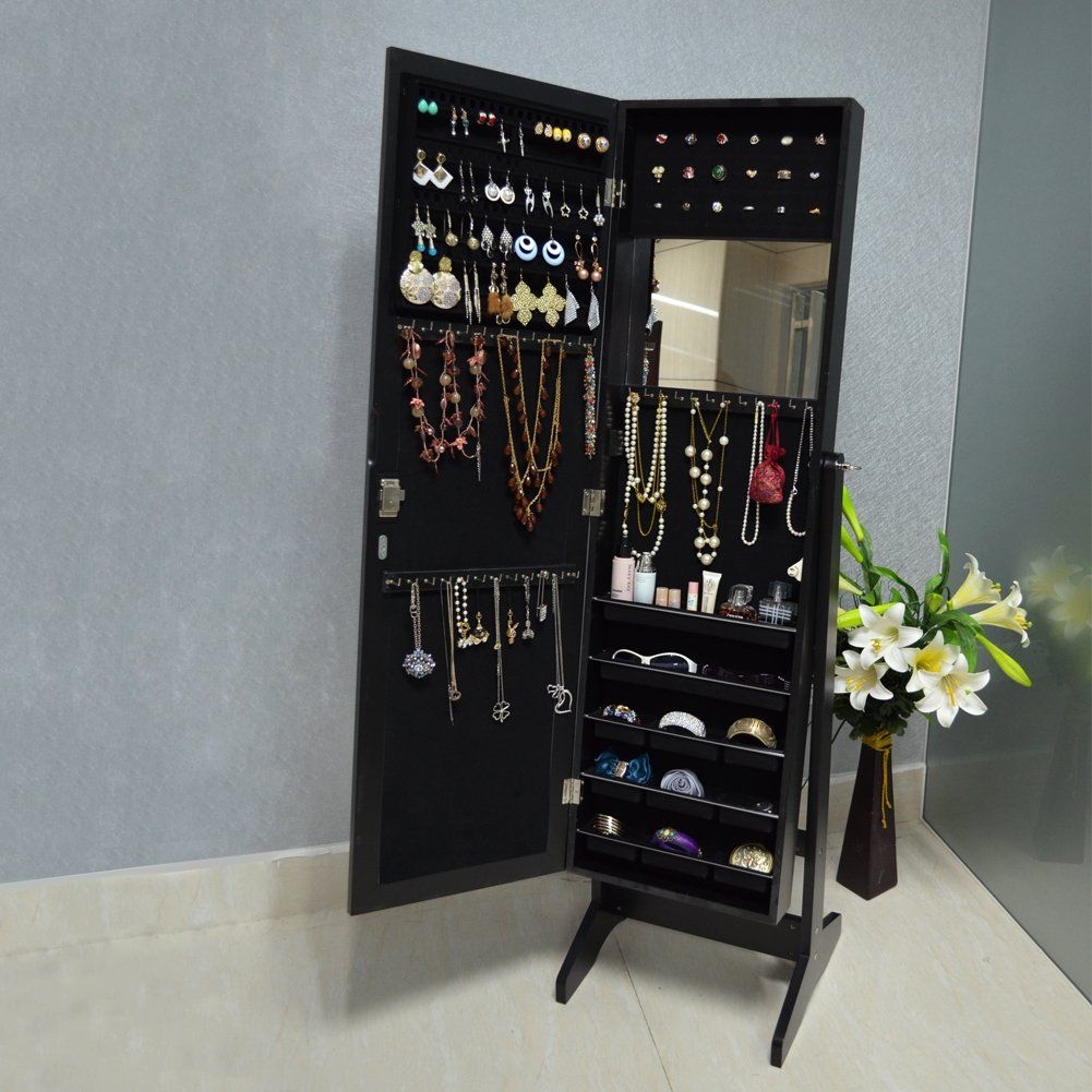 Organizedlife Black Free Standing Wall/Door-Mount Mirror Jewelry Armoire Cabinet For Dressing Room