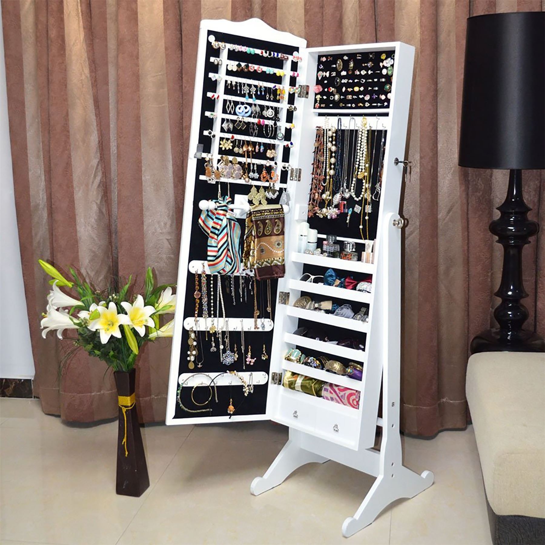 Organizedlife White Mirror Jewelry Armoire Free Standing Storage Cabinet Wood Cheval