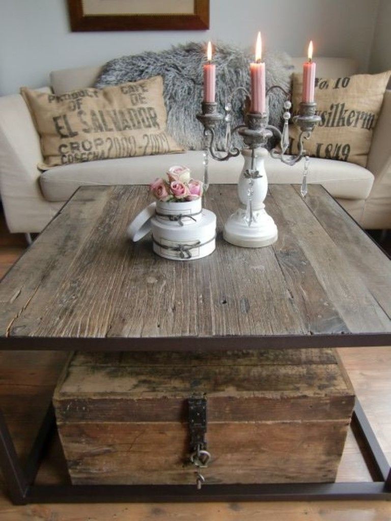 Rustic wood coffee table with wheels