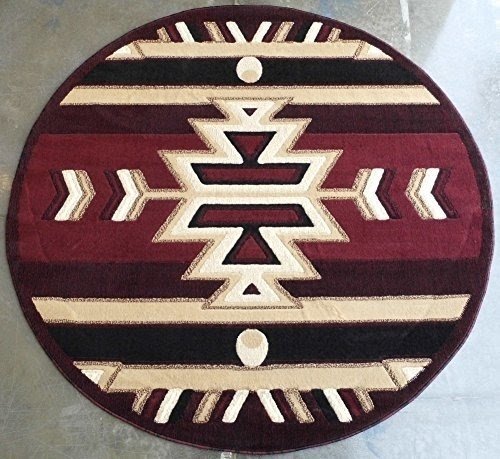 South West Native American Round Area Rug Design # 113 Burgundy (4 Feet X 4 Feet)