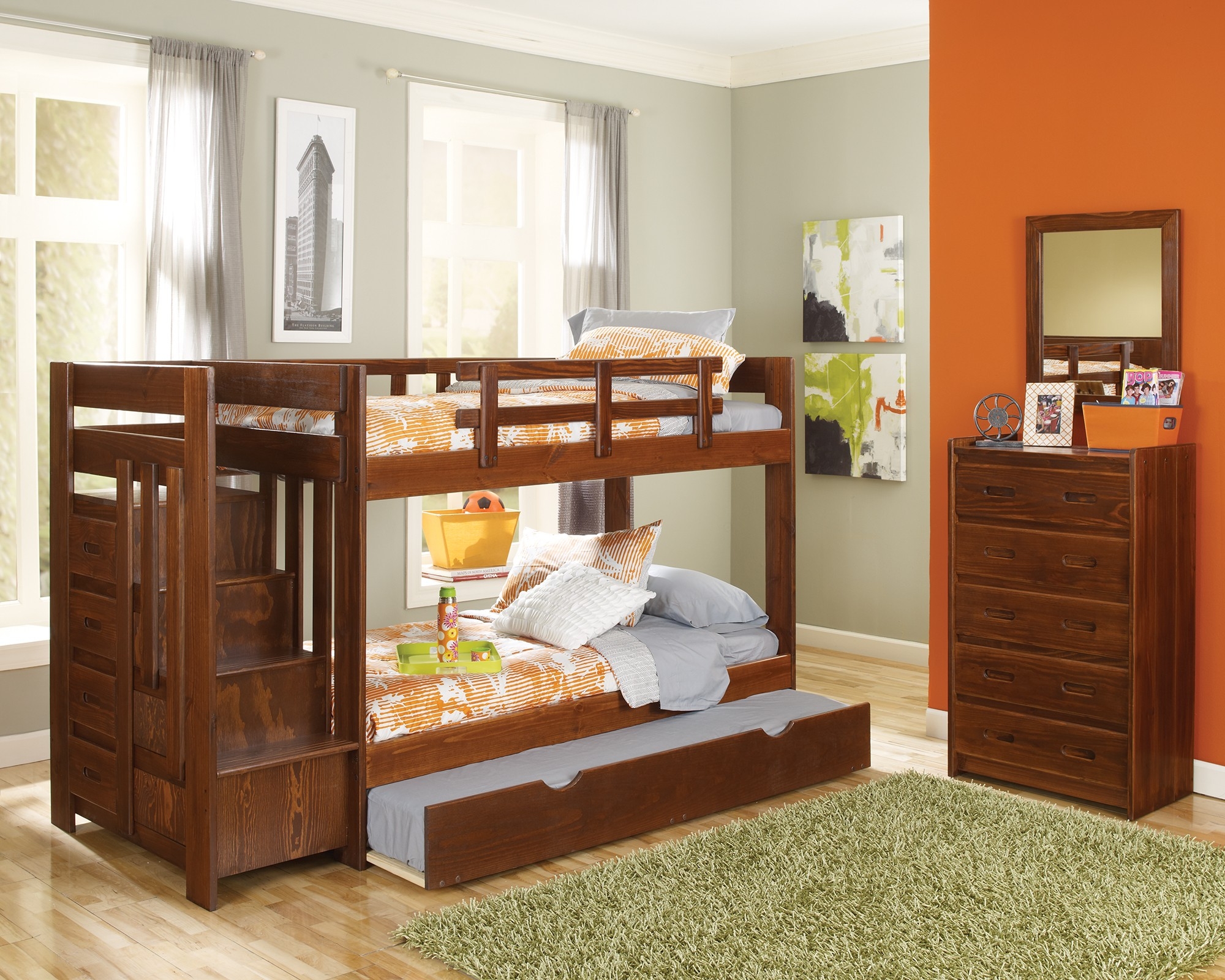 Twin over Twin Standard Bunk Bed with Reversible Stair and Trundle