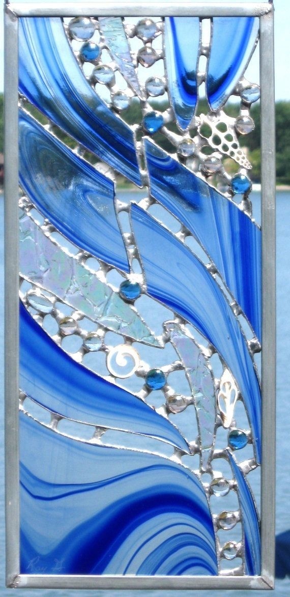 Abstract beachy stained glass panel made