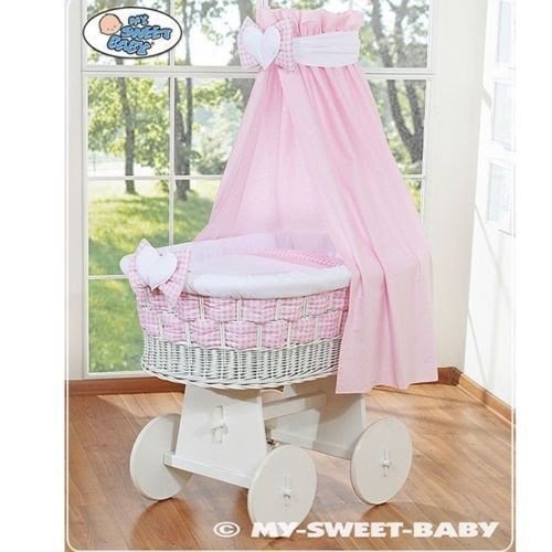 pink baby bassinet with canopy & wheels