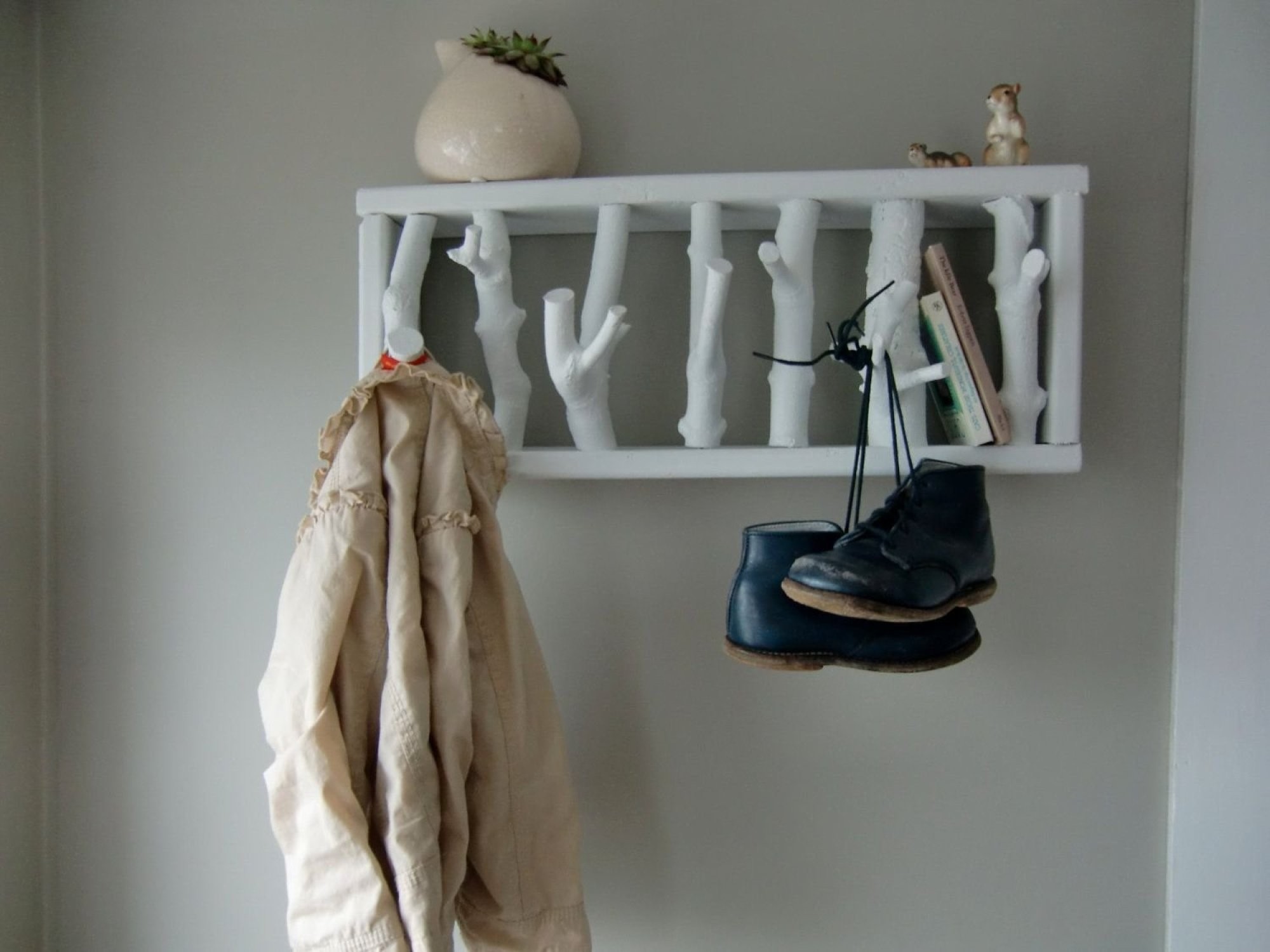 Decoration ideas creative white brances for rustic coat hooks wall