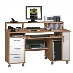 Home office computer workstation with drawers keyboard and printer shelves