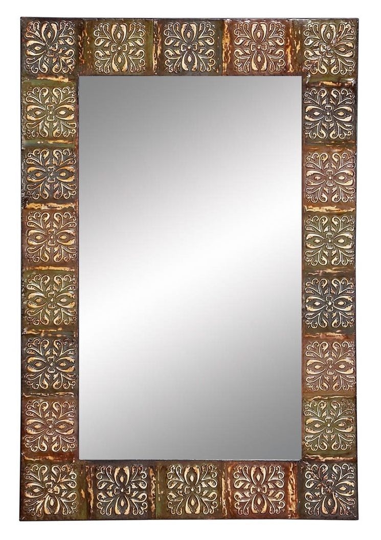 Large rectangular mirror wall hanging with traditional multicolored metal frame
