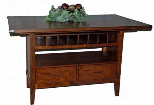 Oak planked counter height dining table with wine storage