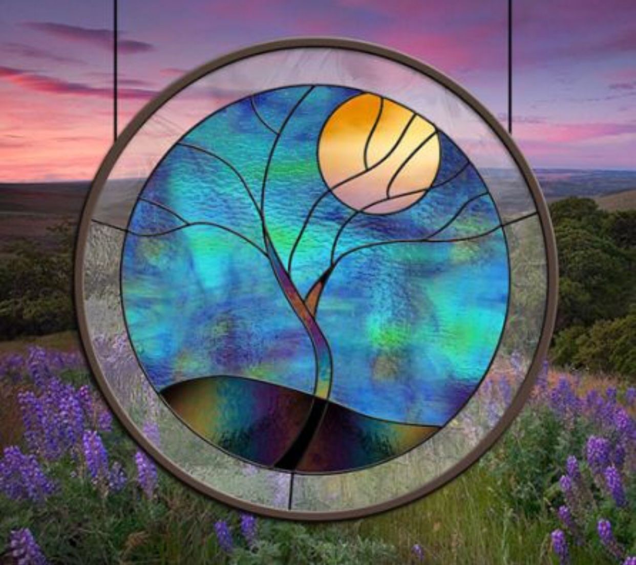 Stained glass window flowing tree yellow