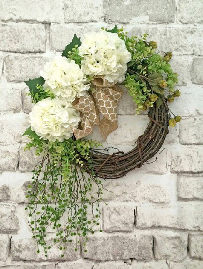 White hydrangea wreath front door wreath