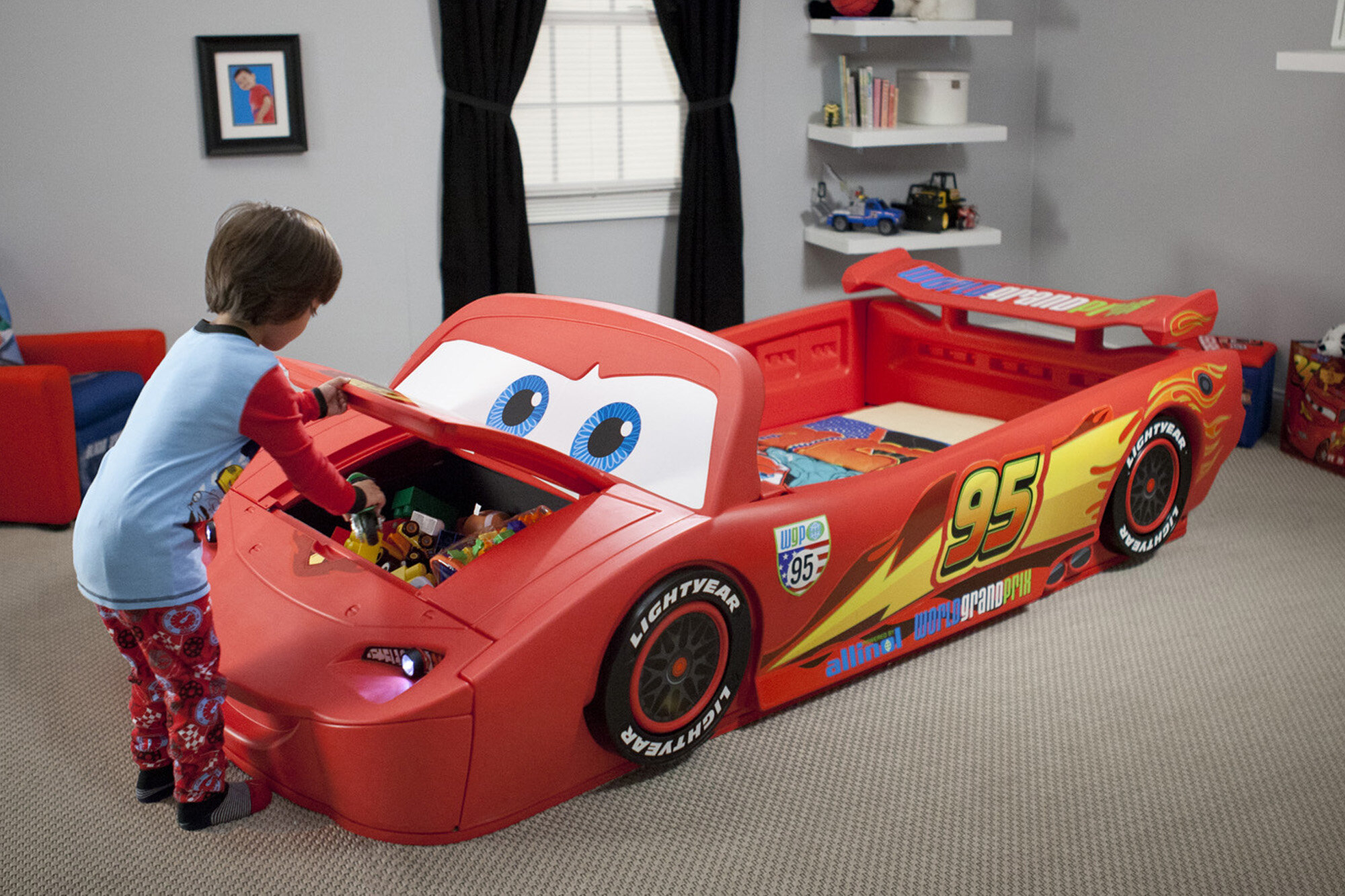 Disney Cars Lightening Mcqueen Convertible Toddler To Twin Bed With Lights And Toy Box