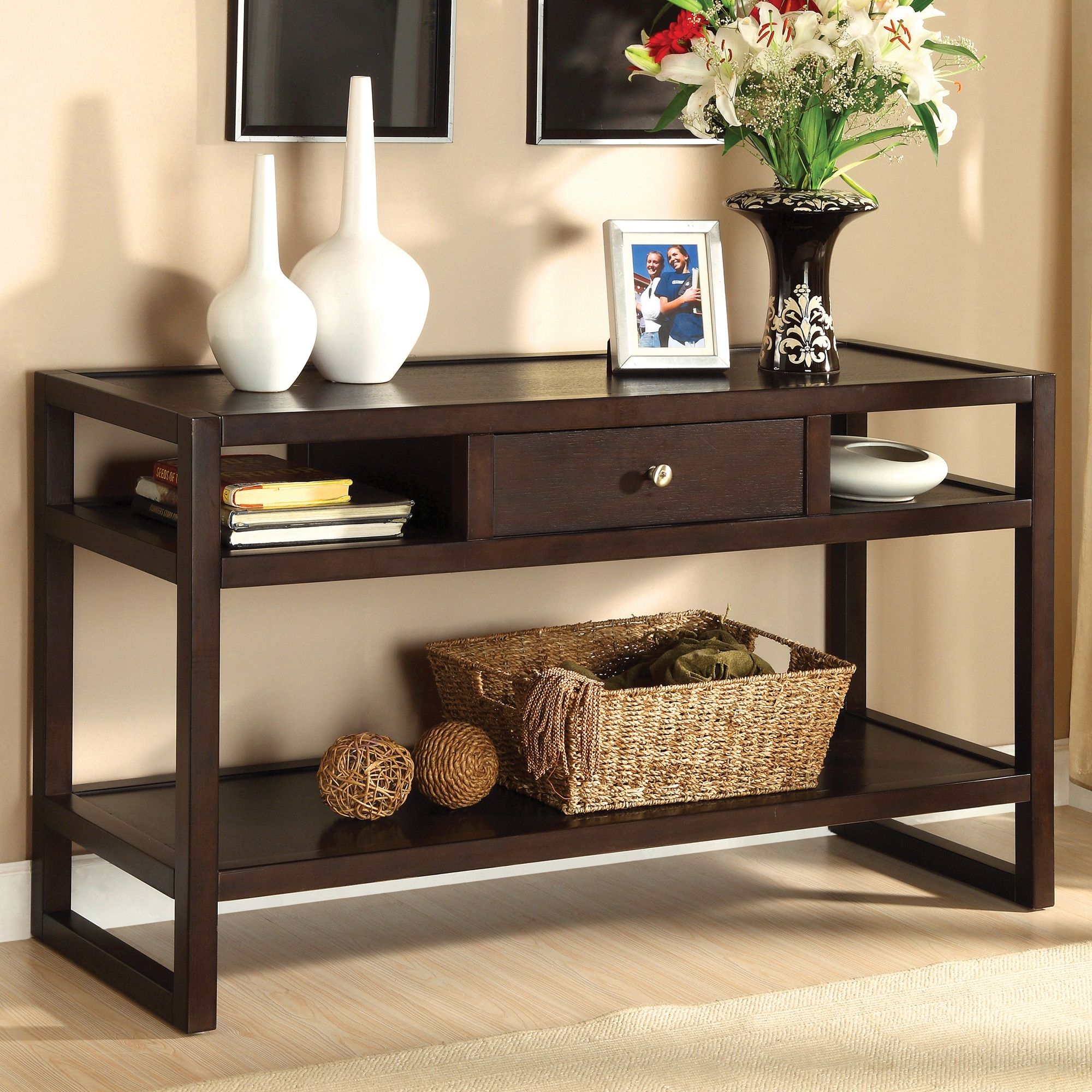 console table with storage bins