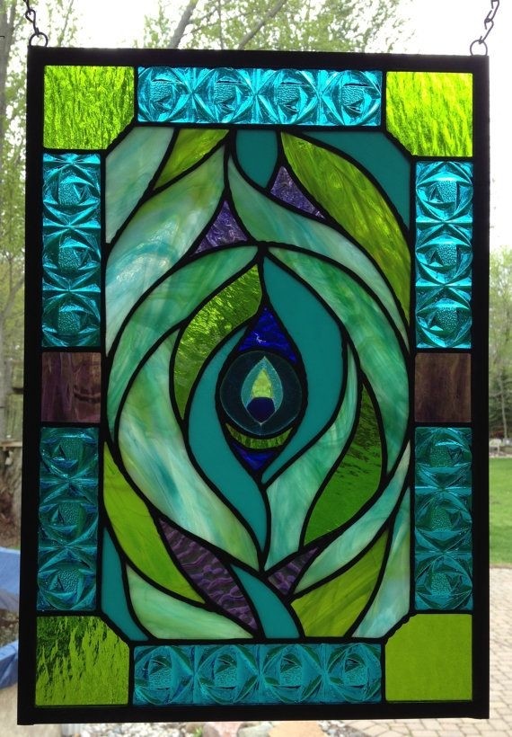 Stained glass peacock feather panel