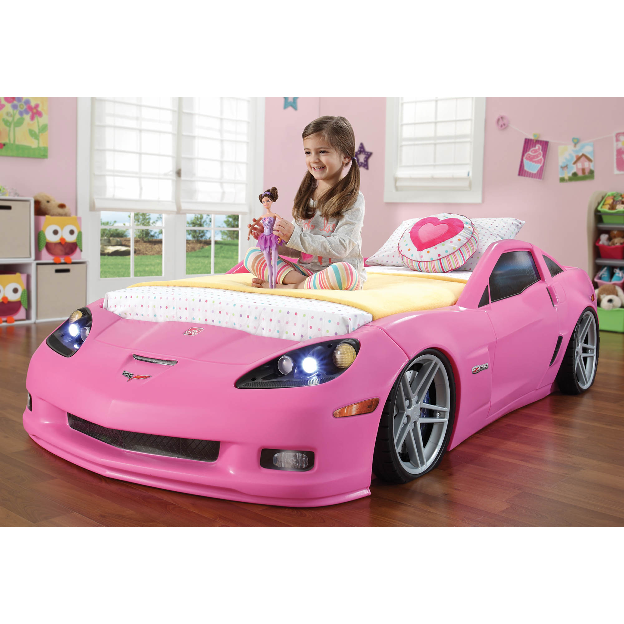 Step2 corvette convertible toddler to twin bed with lights pink