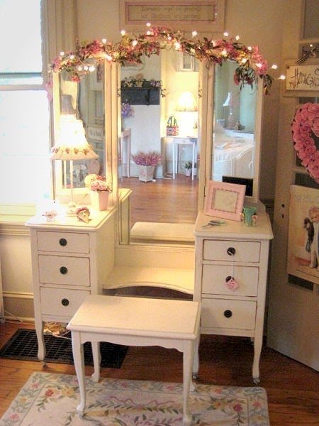 white vanity table with mirror and bench