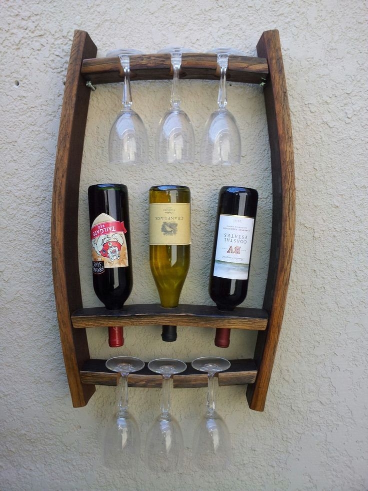 Wine barrel wall mount wine bottle and glass holder barrel