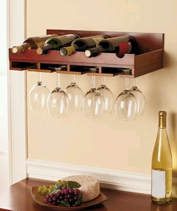 3-Glass Burnt Wood Triangular Design Wall Mounted Wine Bottle & Stemware Rack with Shelf MyGift 6-Bottle 