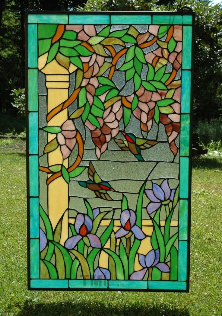 20" x 34" Large Tiffany Style stained glass window panel Hummingbirds & Flower