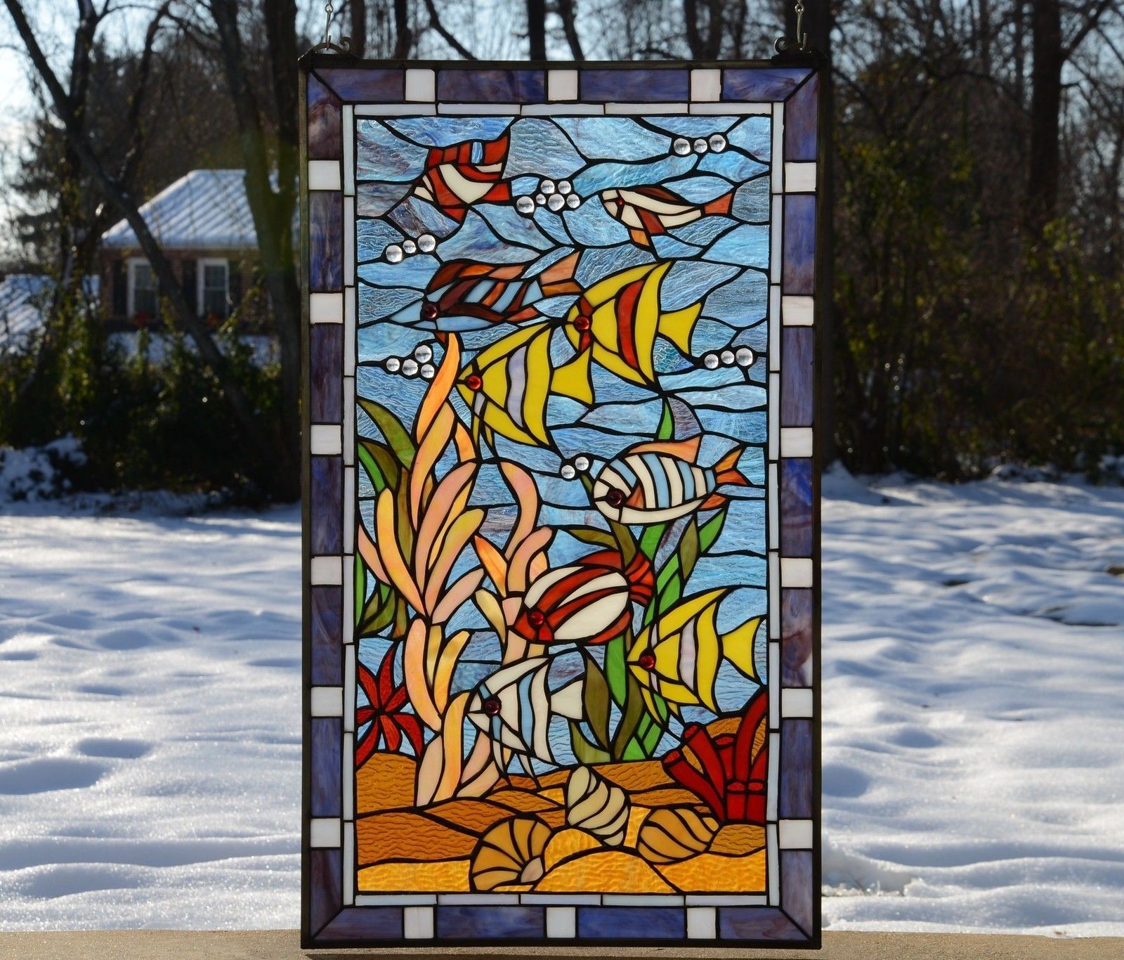 20" x 34" Tropical Fish under the Sea Tiffany Style stained glass window panel