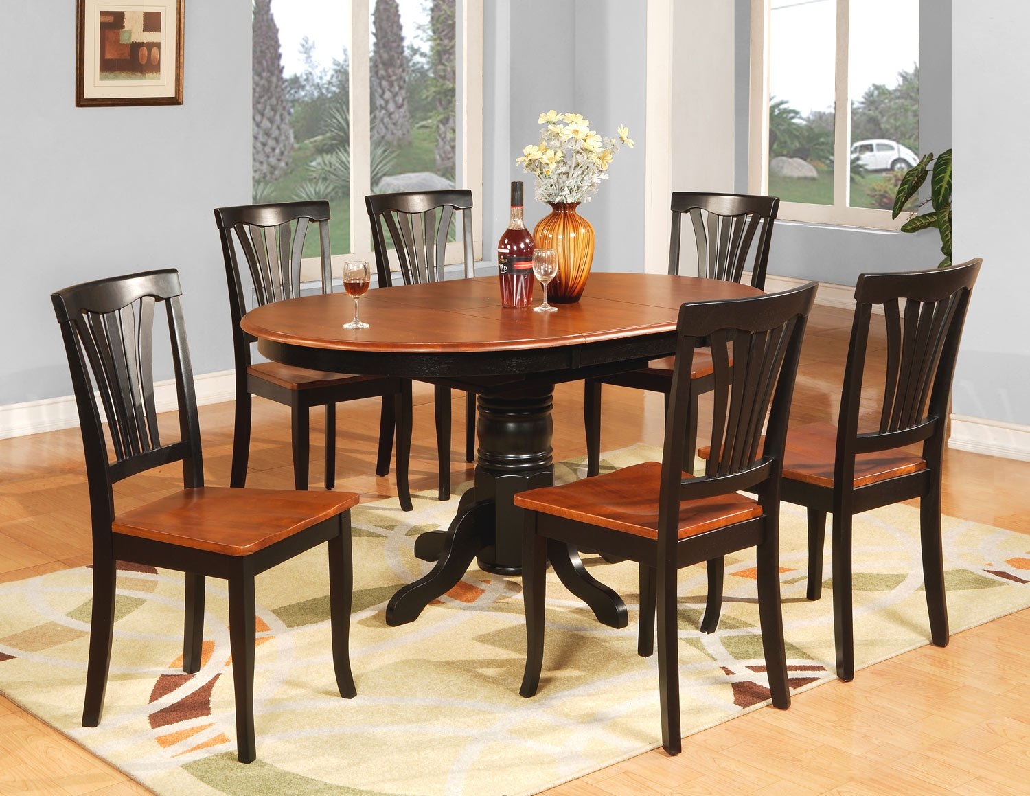 East West Furniture AVON5-BLK-W 5PC Oval Dining Set with Single Pedestal with 18 in. leaf Avon Table and 4 wood seat chairs