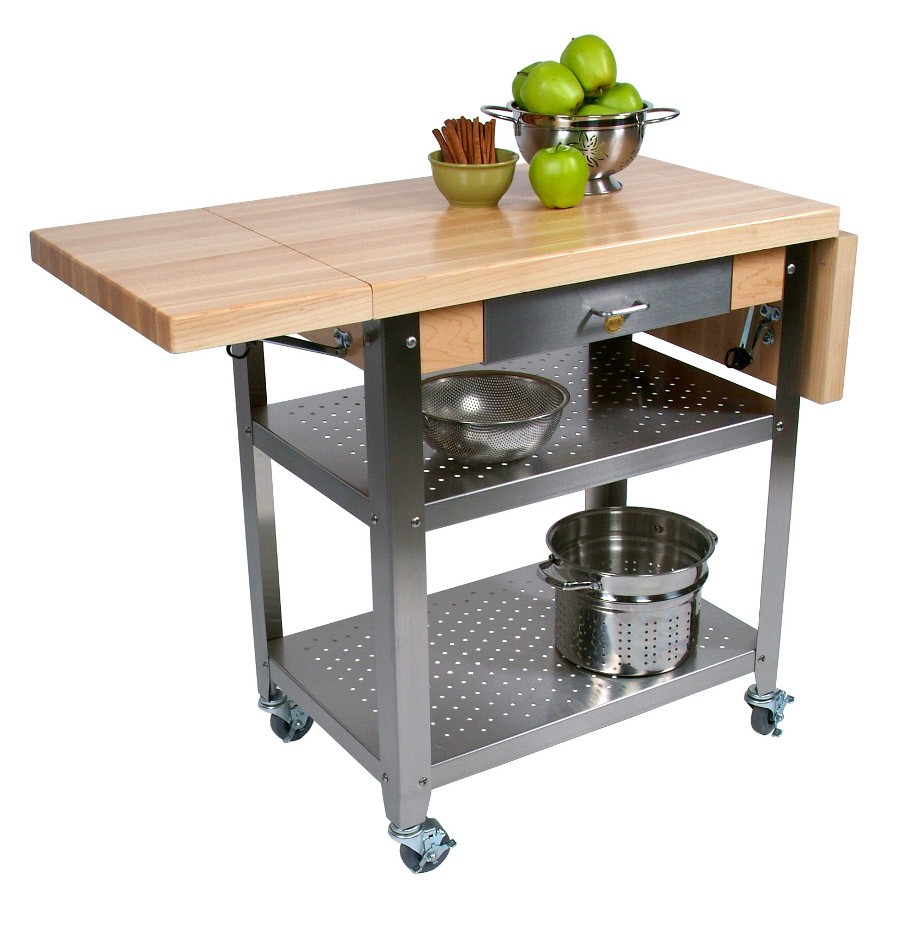 John Boos Cucina Elegante Edge Grain Maple and Stainless Steel Chef's Cart with 2 Drop Leaves