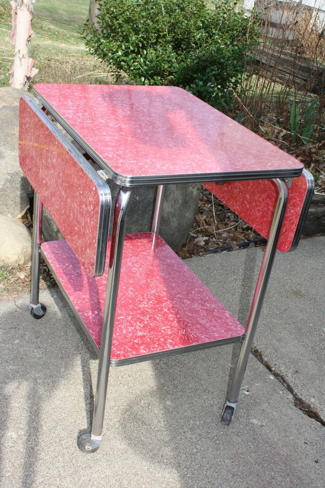 Mid Century Modern Red Formica Chrome Drop Leaf Serving Storage Cart Table