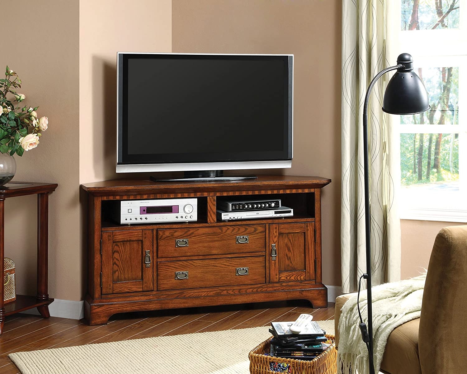 Monteville Cottage Style Design Dark Oak Wood Finish 55" TV Console with Front Storage Units Corner Stand