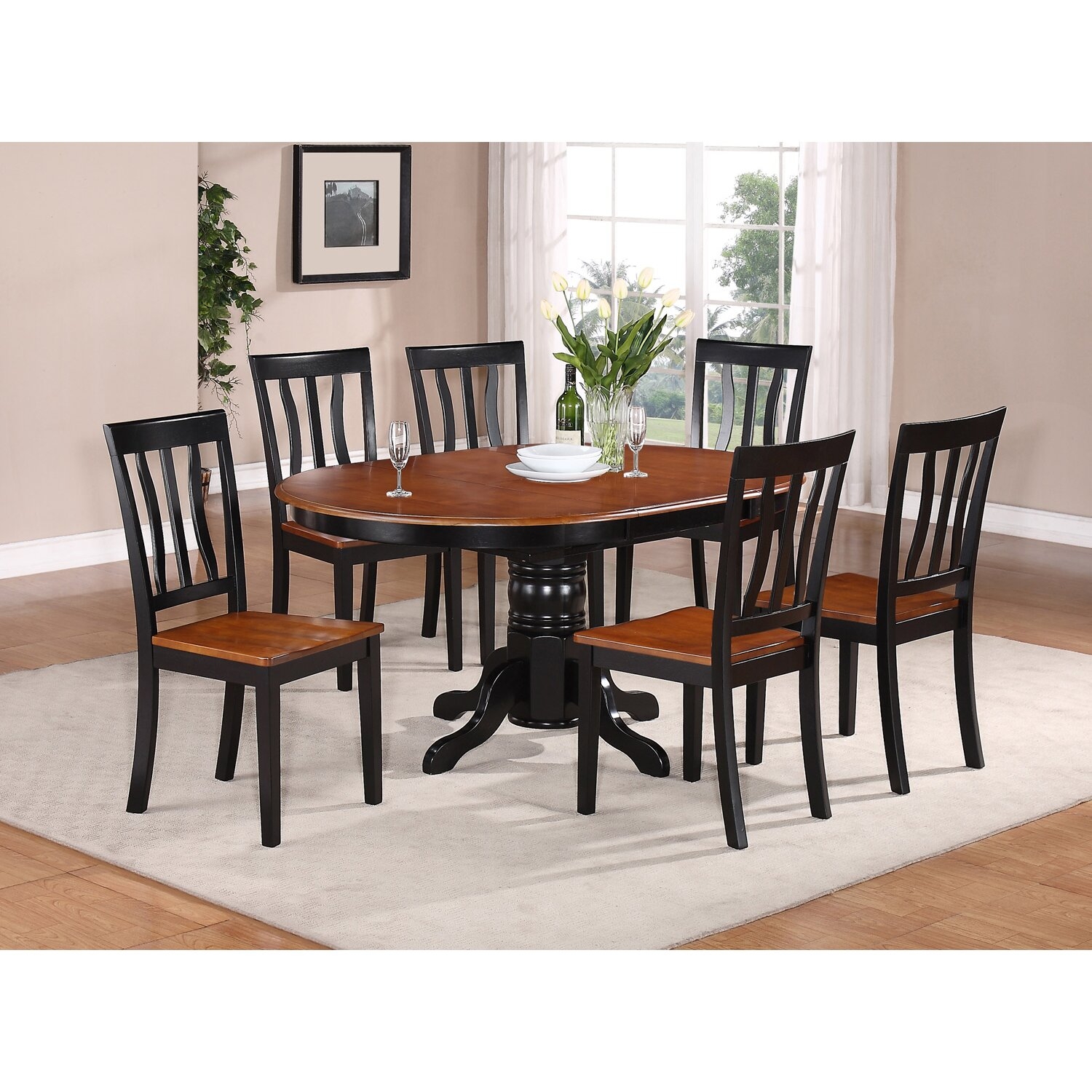 7 Pc Oval Dinette Kitchen Dining Set Table W 6 Wood Seat Chairs In Black Cherry
