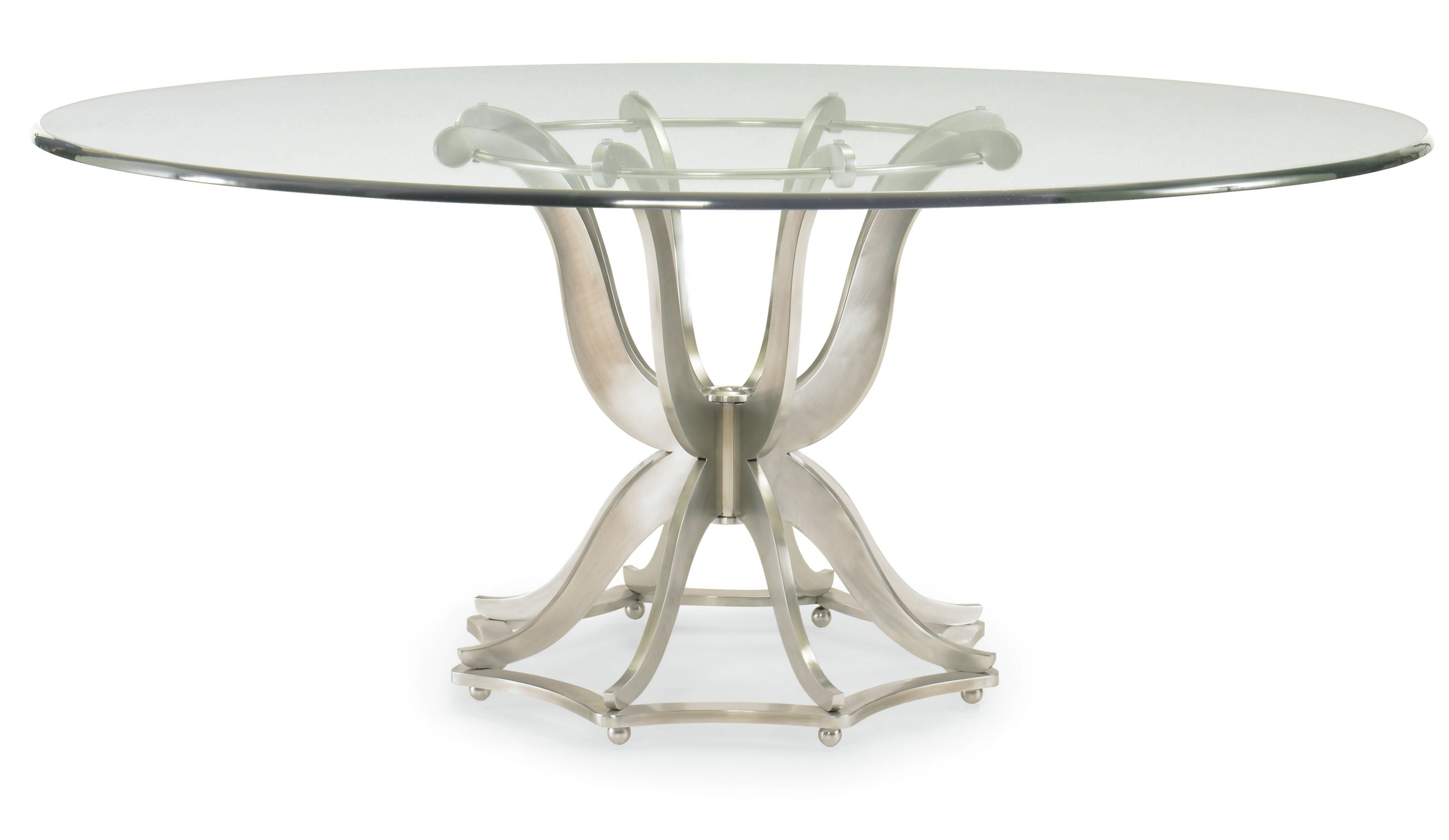 Round glass dining table with metal base
