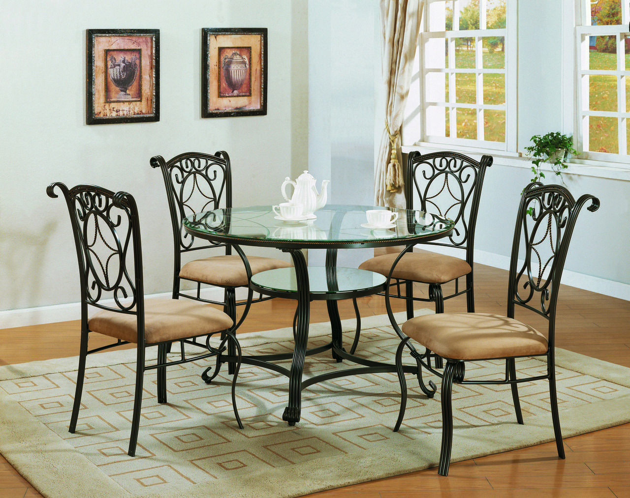 The jessica dining set is elegantly designed with an etched