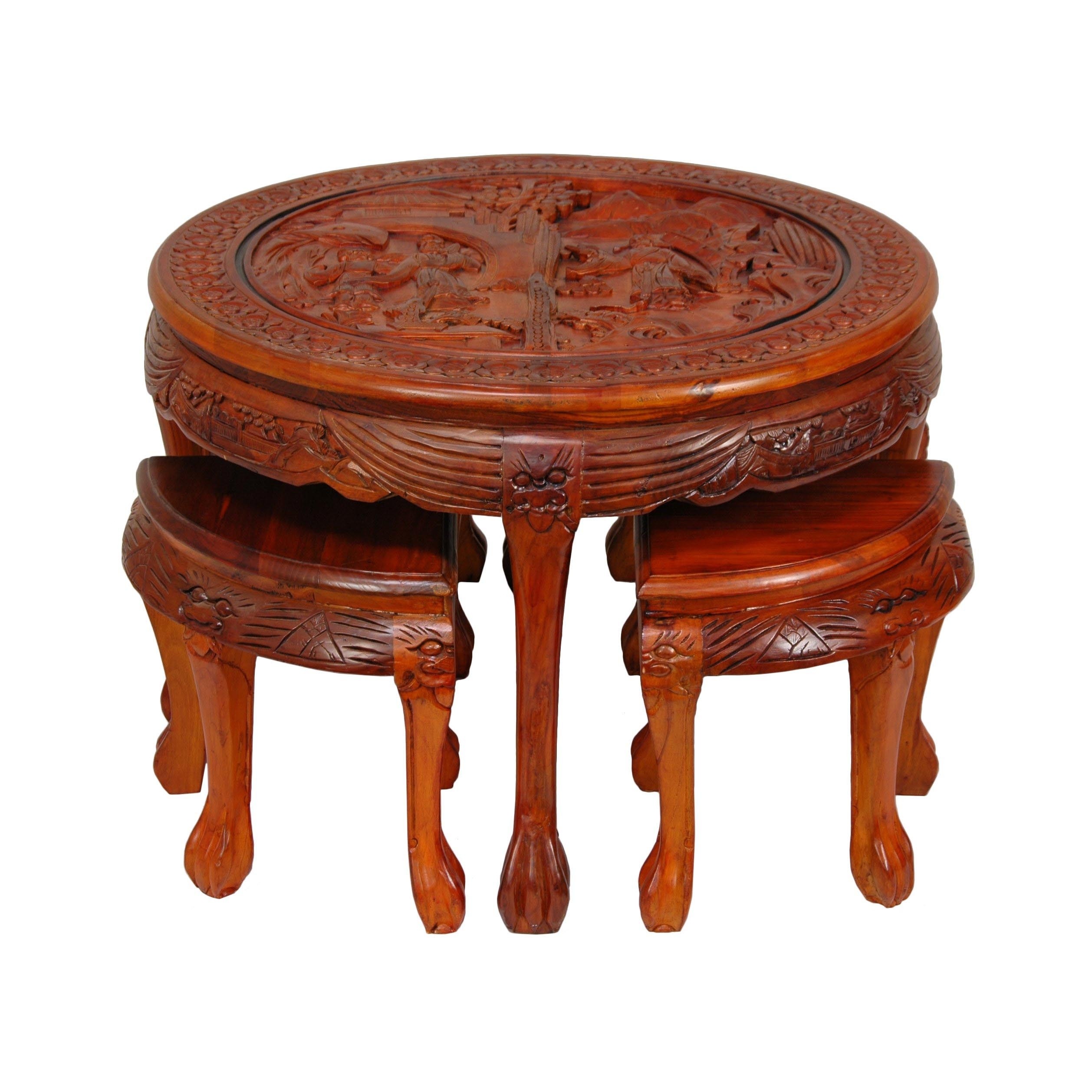 Carved Circular Coffee Table with Stool
