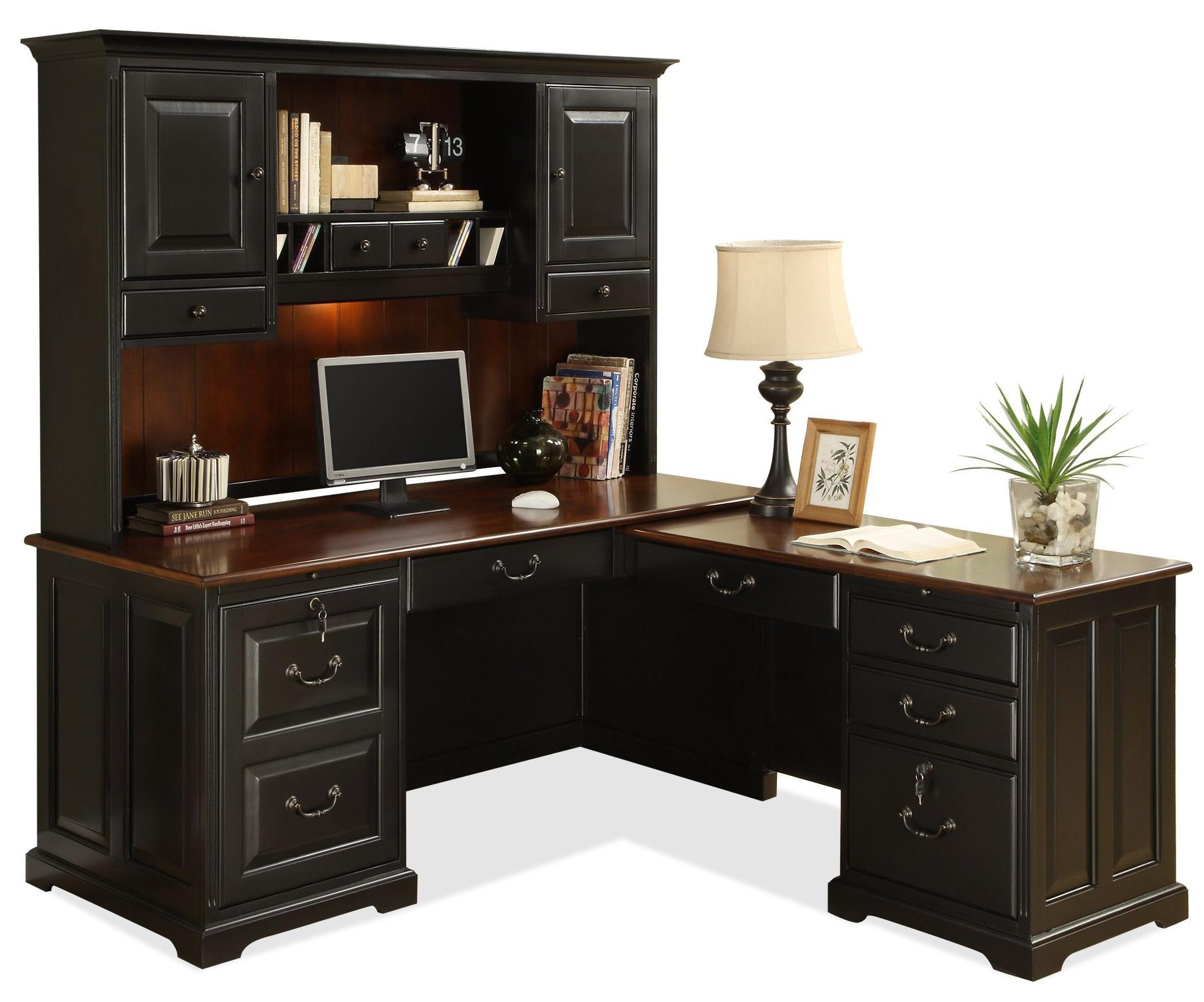 Ojai L-Shaped Solid Wood Executive Desk w Keyboard Tray & File Cabinet.