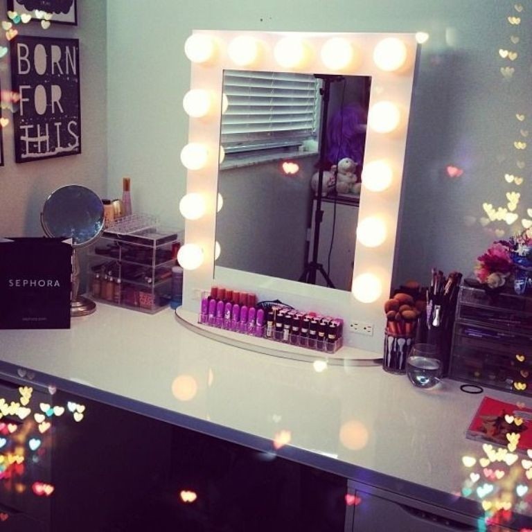 Bedroom makeup vanity with lights