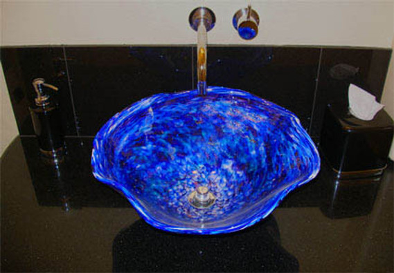 Blue glass vessel sink