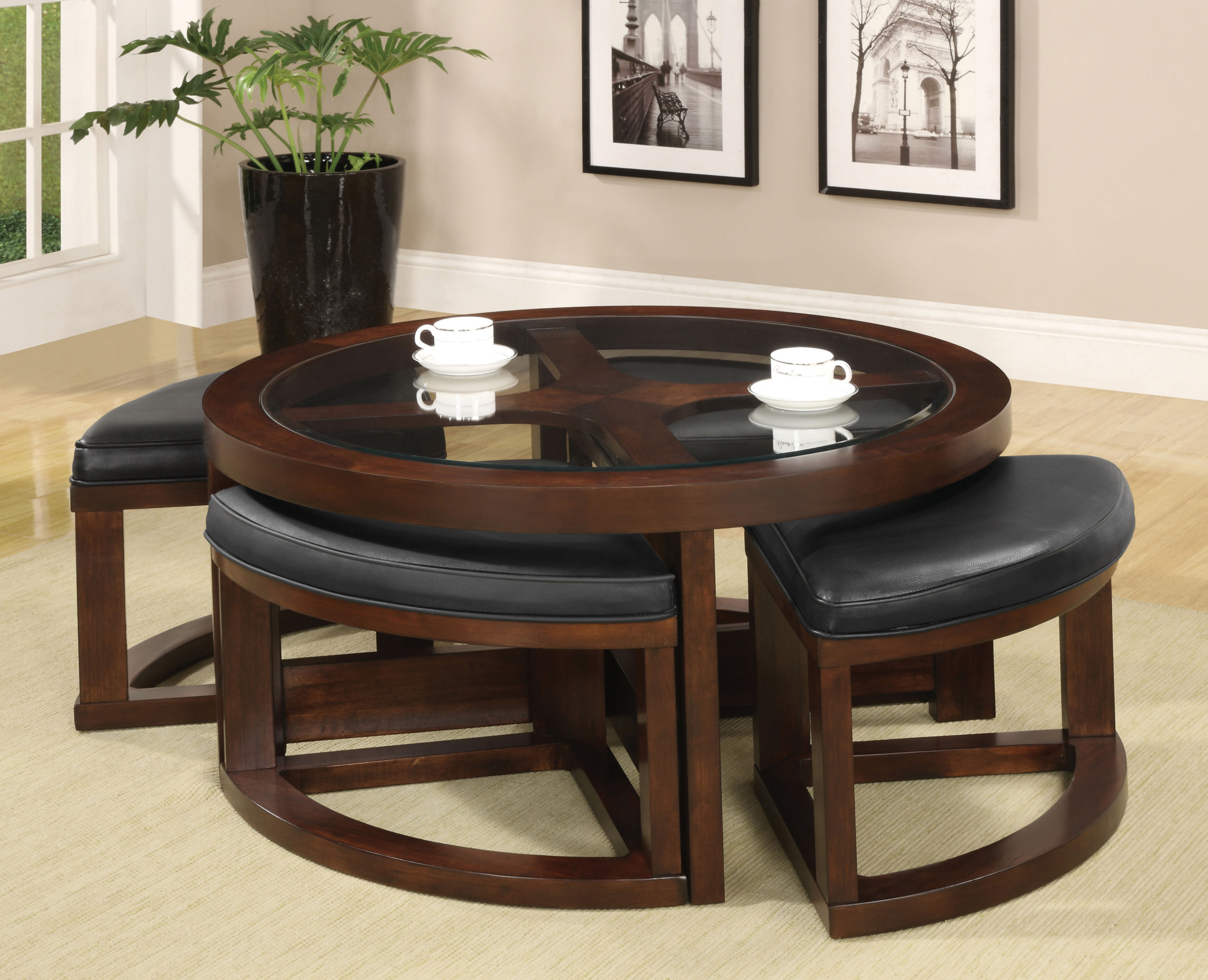 Coffee table with nesting ottomans 7