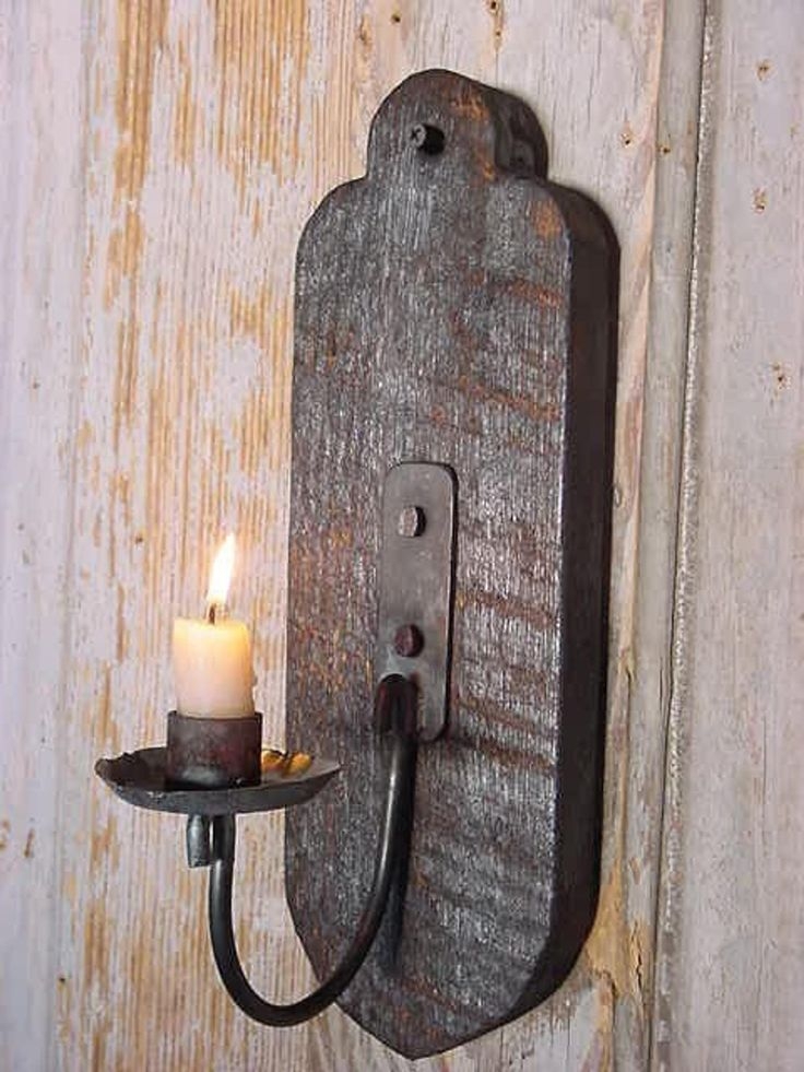 PAIR OF LARGE TALL 60CM RECYCLED PALLET WOOD & WROUGHT IRON CANDLE WALL SCONCE'S 