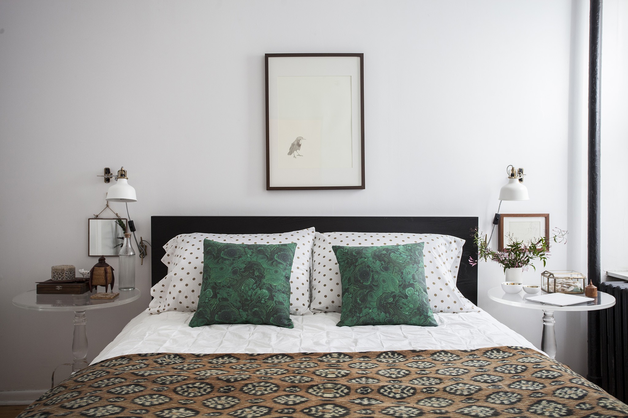 Malachite pillows neutral bedding traditional lucite bedside tables bird art